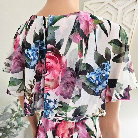 Maggy London White Floral Capelet Sleeves Flowy Chiffon VNeck Midi Dress - Picture 4 of 10